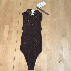 NWT Zara limitless contour collection Brown Seamless Mesh Bodysuit Size xs/s